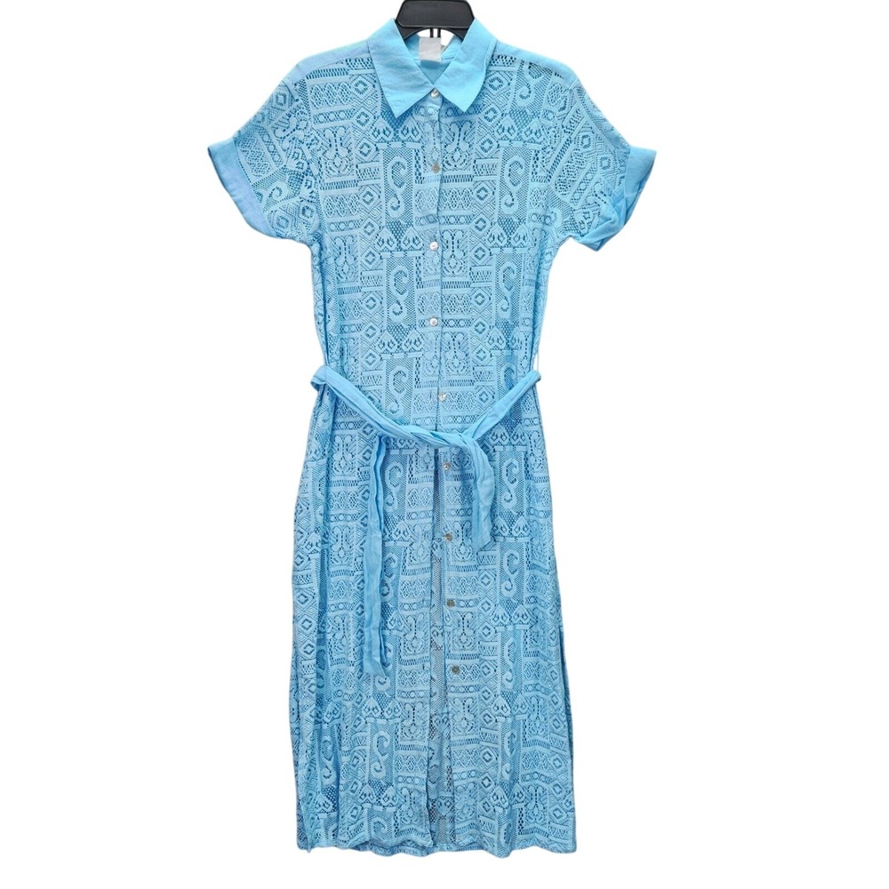 Becca Swim Cover Up Womens Size‎ M Blue Gauzy Cotton Lace Shirtdress Collared